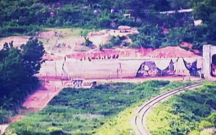 Wall structure being built by North Korea soldiers